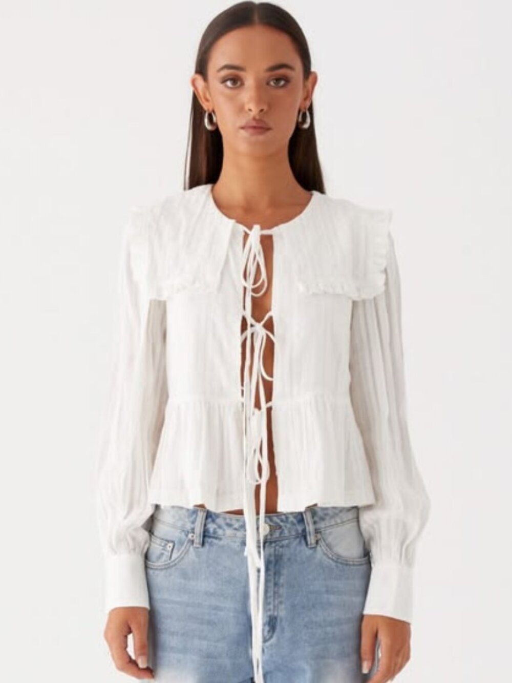 Peppermayo Cream Peasant Tie-Front Blouse with Ruffle Collar